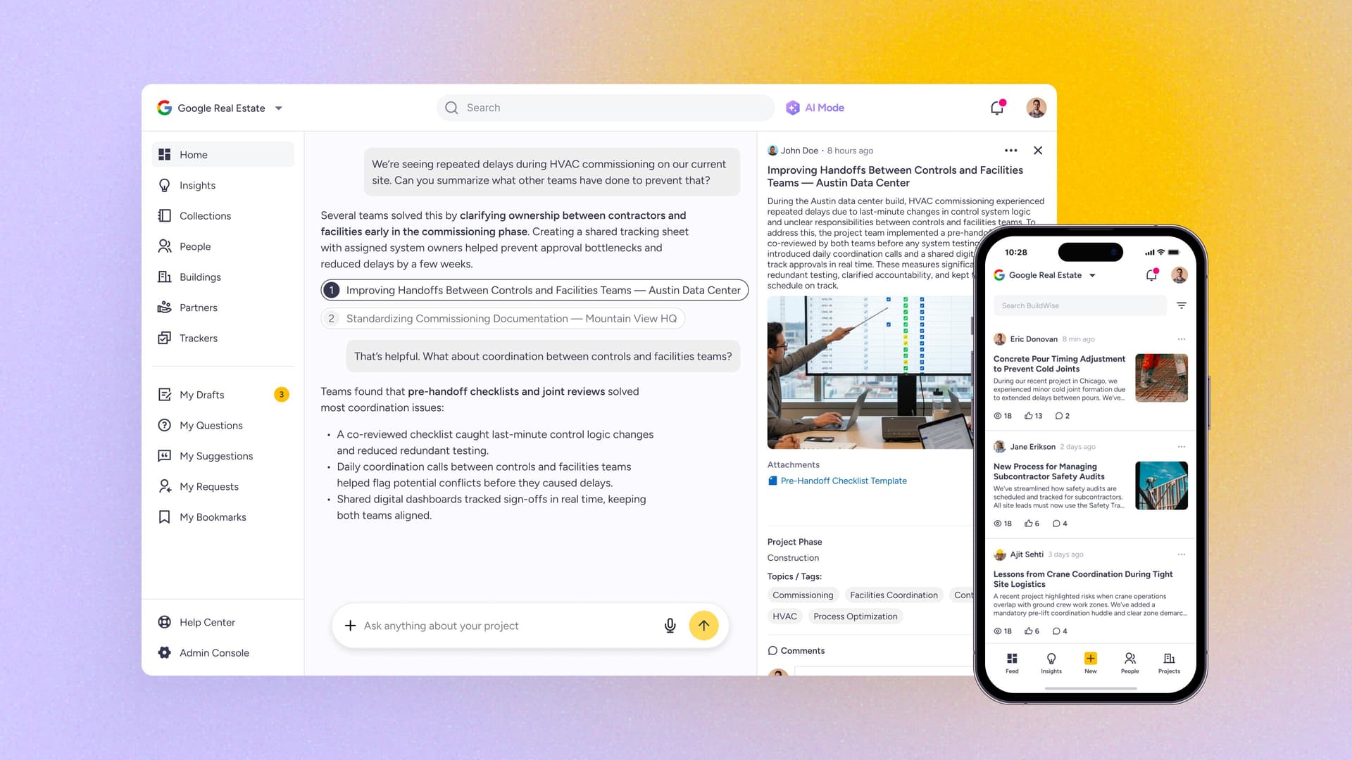BuildWise homepage featuring AI-powered search and collaborative insights